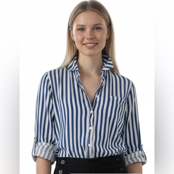 Jane + Delancey Button Down Shirt Small Striped Blue & White Roll Tab Sleeves - Picture 1 of 8